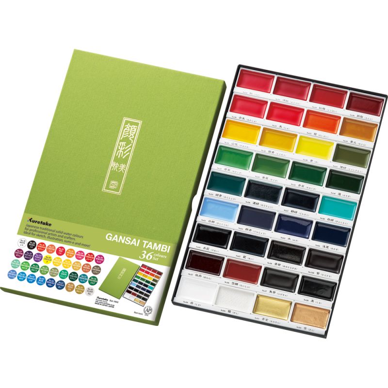 Kuretake Gansai Tambi Aquarellfarbenset 36 Farben, lose in extragroßen Näpfchen im Kartonkasten