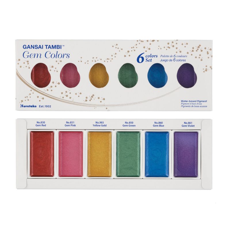 Kuretake Gansai Tambi Metallic Aquarellfarbenset Gem 6 Farben, lose in extragroßen Näpfchen