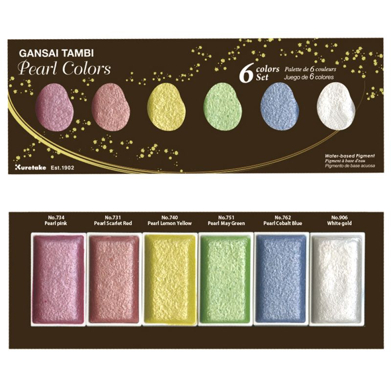 Kuretake Gansai Tambi Metallic Aquarellfarbenset Pearl 6 Pastellfarben, lose in extragroßen Näpfchen